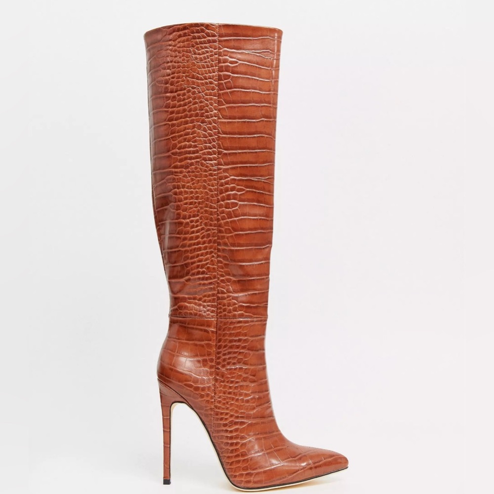 Simmi London Samia Brown Croc Stiletto Knee Boots